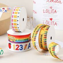1pc 5yd Gift Packaging Printed Ribbon With Numbers, Letters, Apples, School Bus Patterns, Back To School Satin Ribbon Bows, Decorative Ribbon - View 3