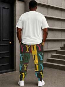 Plus Size Men's 2 Pieces Set, Men's Long Pants, Graphic T-Shirt, Streetwear Series "Colorful Retro Letter Slogan Colorblock Print" Pattern Outfit - Polyester Fabric, Drawstring, Pockets, Suitable For Plus Size Body - Multicolor - View 5