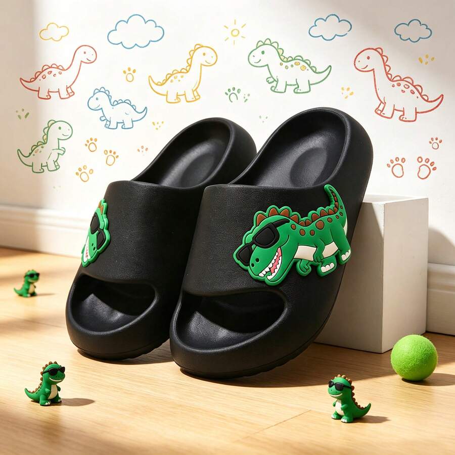 Fashion Glasses Tyrannosaurus Rex 3D Patch Kids Slippers, Personalized Hip-Hop Fun Style, Lightweight & Dirt-Resistant, Boys' Summer Vacation Home Slide Sandals