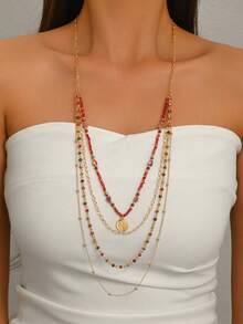 1pc Women's Creative Multi-Layer Rice Bead Necklace, Suitable For Daily And Vacation Wear - Burgundy - View 3