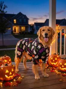 1PC Halloween Dog Shedding Hair Control Pajamas - Warm High Stretch Full Coverage Pet Rompers, Anti Licking & Bug Protective Jumpsuit For Small Medium Large Dogs, Halloween All Over Printing Dog Clothes - Cute Halloween Ghost And Letter Pattern - Multicolor - View 1