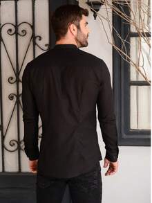 Men's Mandarin Collar Long Sleeve Shirt 100% Cotton - 黑色 - View 2