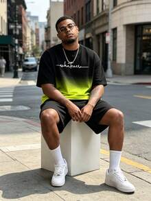 Plus Size Men's Black Yellow Gradient Letter Print Round Neck Short Sleeve T-Shirt - Multicolor - View 1
