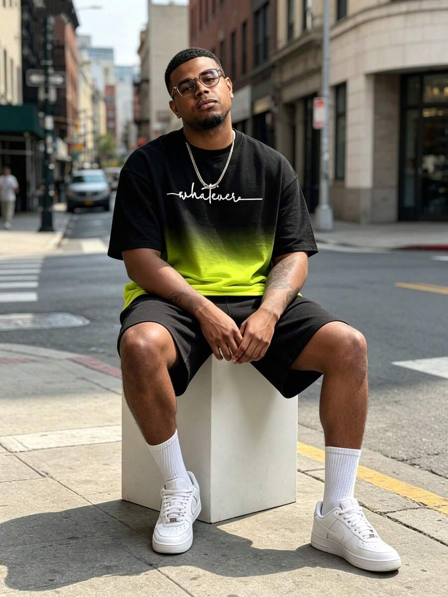 Plus Size Men's Black Yellow Gradient Letter Print Round Neck Short Sleeve T-Shirt - Multicolor - View 1