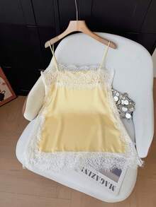 GMFP Yellow Summer/Autumn Eyelash Lace Trim Satin Short Camisole Top, Y2K Back To School Graduation Season Women's Outfit Piece, Halloween Christmas Inner Layer - Yellow - View 5