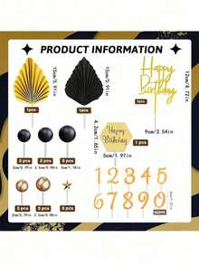 44pcs Bohemian Style Black & Gold Foam Ball Cake Decorations, Faux Palm Leaf Folding Fan, Gold Number 0-9, Happy Birthday Cake Toppers, Baptism Wedding Anniversary Bachelor Party Retirement Party Men's Black & Gold Theme Birthday Cake Decor (Please Use With Sticks) - Multicolor - View 2