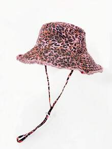 1pc Women's Spring Summer Autumn Bucket Hat, American Retro Leopard Print Frayed Edge Wide Brim Fisherman Hat, Windproof Drawstring Sun Hat, Versatile Distressed Denim Bucket Hat, Suitable For Outdoor, Travel, Daily Use, Back To School Season - Bucket Hat - View 4