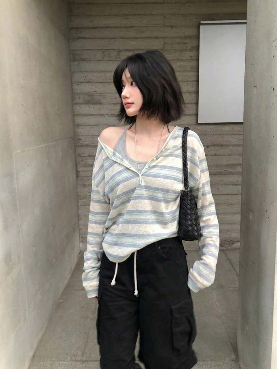 YCYC Korean Style Loose Fit Versatile Color Block Striped Sun Protection Long Sleeve Top For Women, Random Stripe Placement - Blue - View 1