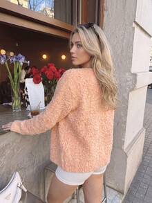 Nicenter Women's Autumn/Winter Warm Wool Blend Fuzzy Curly Knit Round Neck Button Front Cropped Cardigan Sweater Long Sleeve Basic Top - Coral Pink - View 2