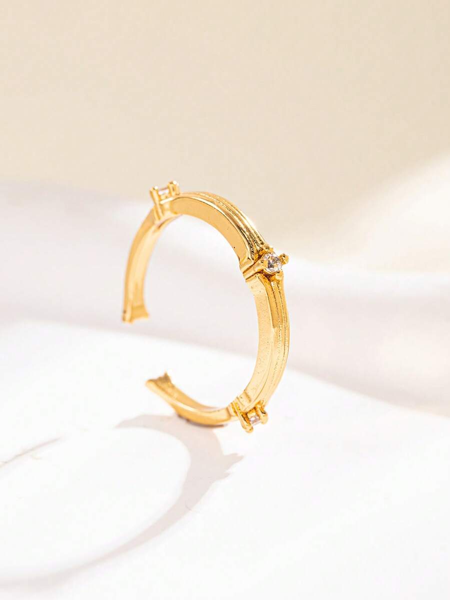 1pc Quiet Luxury Copper Gold Color Adjustable Ring, Simple CZ Accent Open Band Ring For Women, Elegant Daily Jewelry Accessory - Multicolor - View 1