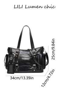Minimalist Dark Street Style Tote Bag, Silver Hardware Buckle And Side Zipper Decor Large Capacity Handbag, Perfect For Cool Daily Outfits - Black - View 2