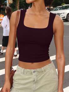 Women Square Neck Wide Strap Stretchy Slim Fit Crop Tank Top Basic Casual Camisole For Vacation Beach Street Daily Outdoor Wear - 中紫紅色 - 查看 9