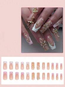 12pcs Long Square 3D Gel Press-On Nails, Pearl Embellished, Floral & French Styles, Perfect Fit For Fingertips - Multicolor - View 2