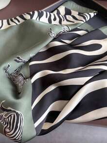 1pc Vintage Fashion Zebra Print Animal Satin Square Scarf, Women's Shawl, Suitable For Travel, Vacation, Casual, Daily Commute, Handbag Decoration - Green - View 3