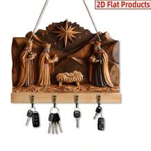 2D Flat Birth Scene Key Holder, 4-Hook Christmas Wall-Mounted Key Rack, Suitable For Entryway_Wall_Porch_Indoor_Home Decor, Housewarming Gift, Christmas & Easter Home Decoration - View 1