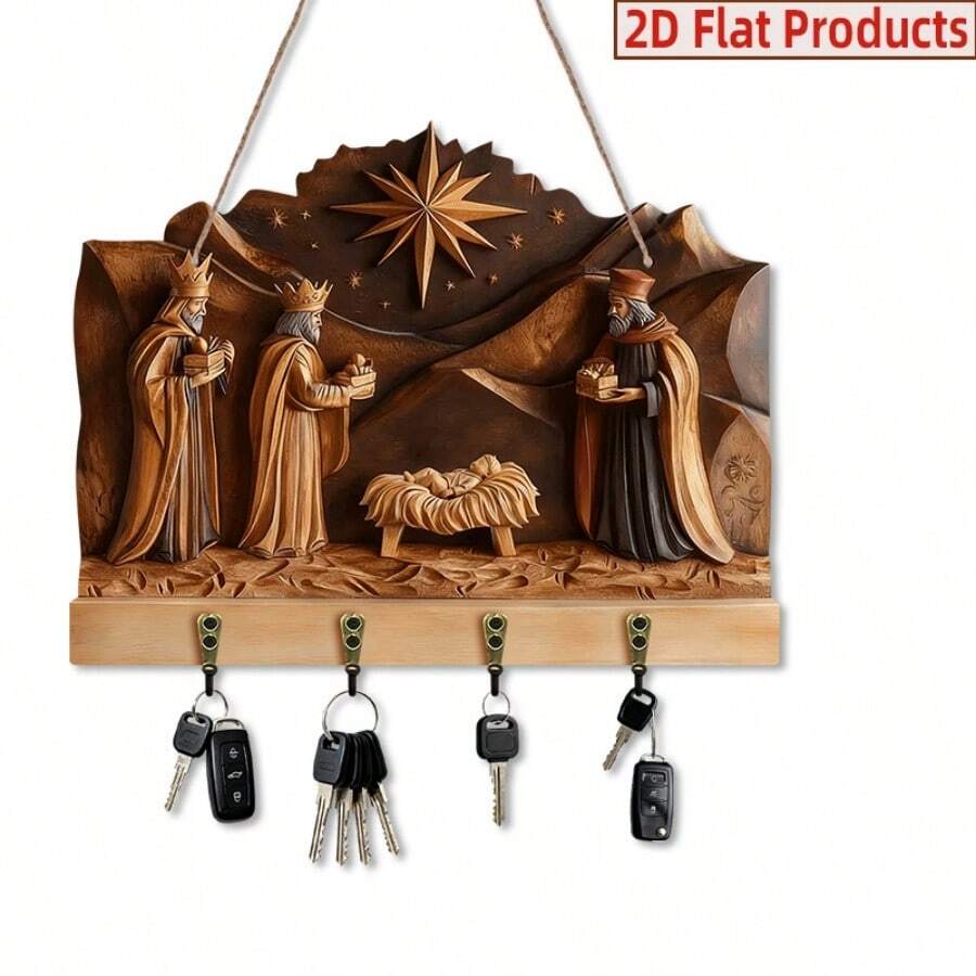 2D Flat Birth Scene Key Holder, 4-Hook Christmas Wall-Mounted Key Rack, Suitable For Entryway_Wall_Porch_Indoor_Home Decor, Housewarming Gift, Christmas & Easter Home Decoration - View 1