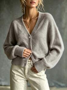 Women's V-Neck Solid Color Button Long Sleeve Soft Comfortable Minimalist Casual Versatile Knit Cardigan, Suitable For Daily Outings And Home Wear - Grey - View 4