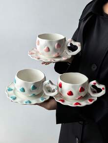 1 Set 3D Colorful Heart-Shaped Ceramic Coffee Cup And Saucer Set, INS Cute Style Embossed Heart Mug With 6-Inch Ruched Edge Plate, Suitable For Coffee, Tea, Commercial Use, All-Season Cup And Saucer - Multicolor - View 2