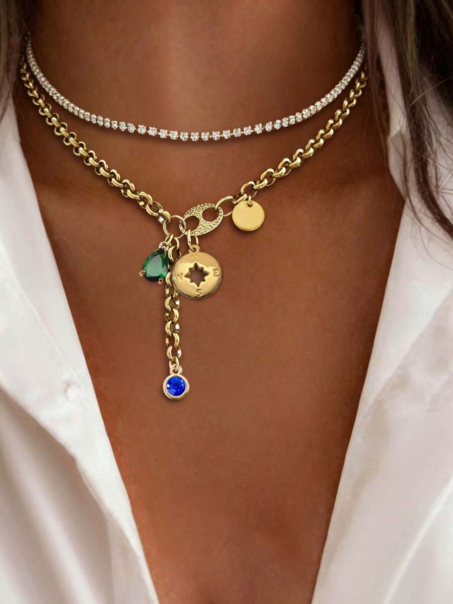 1pc Gold Pig Nose Buckle Octagonal Star Pendant Necklace, Luxury Green Diamond Pendant Chain, Stainless Steel Chain - Yellow Gold - View 1