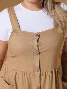 New Plus Size Linen Button-Down Short Dress With Pockets - Mocha Brown - View 2