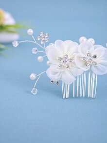 1件女款白色絲綢雪紡手工花朵髮梳，新娘婚紗珍珠髮飾，新娘婚禮頭飾，生日表演髮飾 - 白色 - 查看 5