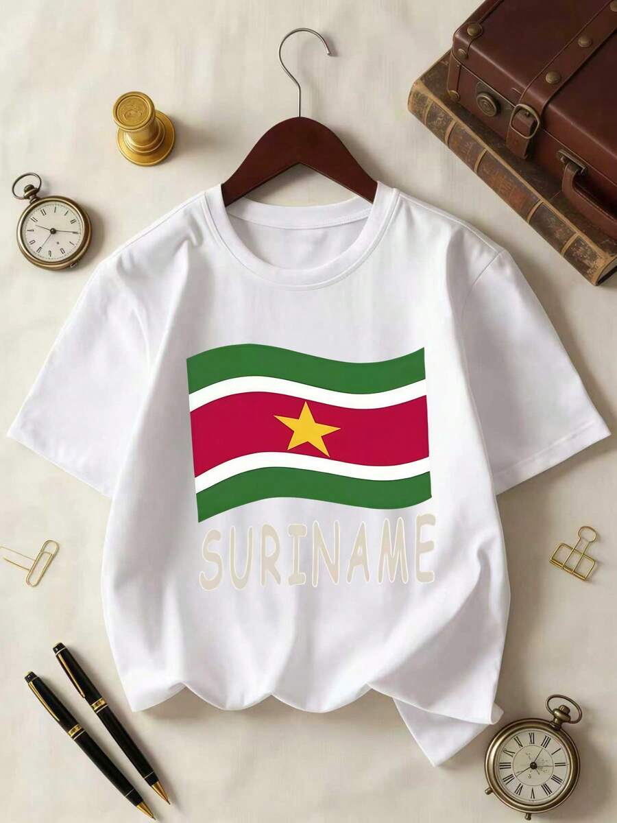Ropa de vacaciones para hombre, manga corta, estampado divertido con la bandera nacional de SURINAME, estilo sencillo, adecuado para atuendos deportivos de verano para mujer. - Blanco - Ver 1