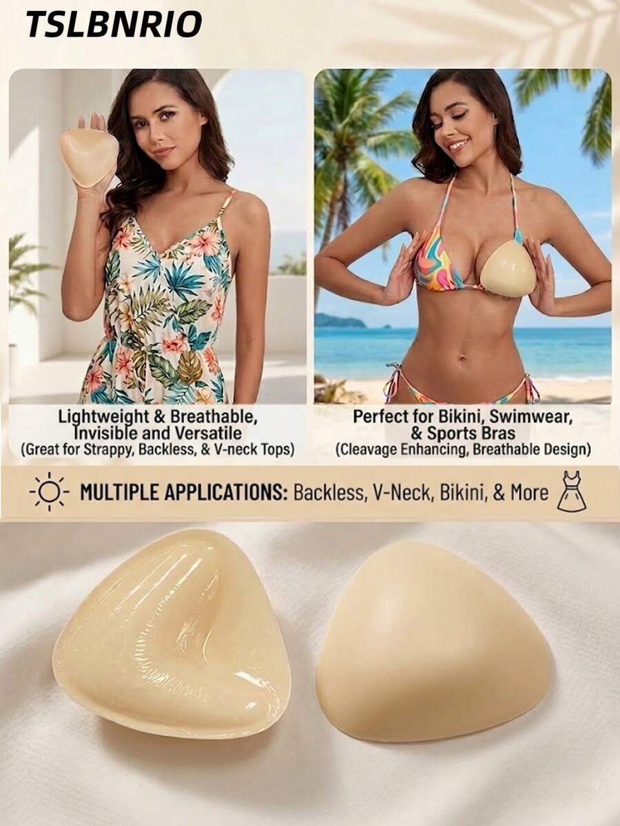2件裝 TSLBNRIO 黏貼式胸墊 3D 聚攏提拉胸墊 三角形黏貼式,適用於洋裝、泳衣、內衣背心與背心上衣,即時豐盈提拉,可手洗,純色,適用於洋裝、比基尼、胸罩加長墊 - a - 查看 1