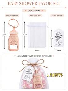 10 Sets Rose Gold Baby Bottle Shaped Bottle Opener Baby Shower Party Favor Set, Baby Shower Guest Gift, Metal Bottle Opener With Bead Chain Pendant + Thank You Card + White Organza Bag + Jute Rope, Suitable For Baby Shower, Full Moon Party, First Birthday Party, Gender Reveal Party, Baptism Party Thank You Gift Packaging Decoration - Rose Gold - View 10