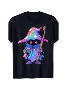 Mystical Mushroom Wizard Graphic Tee - 100% Cotton - Negro - Ver 1