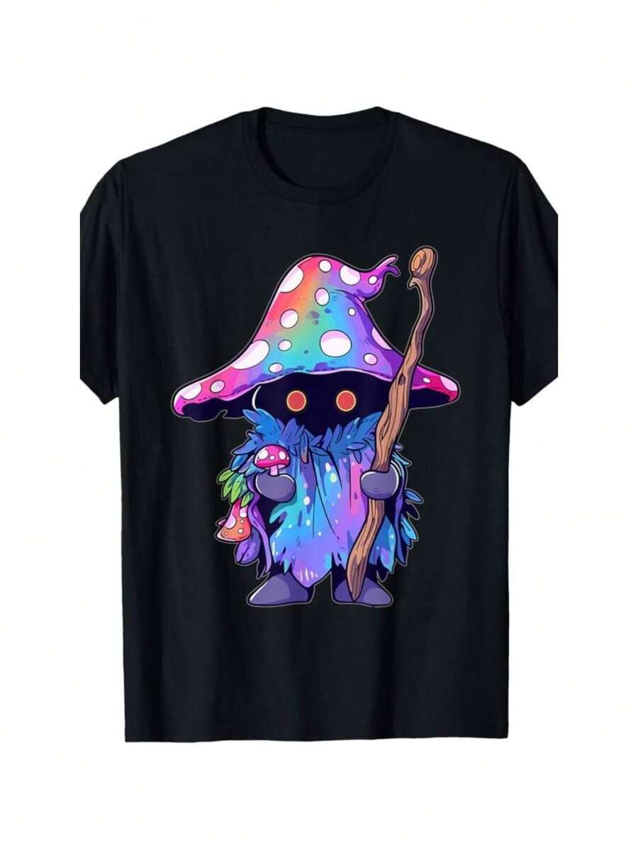 Mystical Mushroom Wizard Graphic Tee - 100% Cotton - Negro - Ver 1