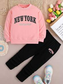 Tween Girl Letter Print Crew Neck Sweatshirt And Leggings Casual Set - Pink - View 1