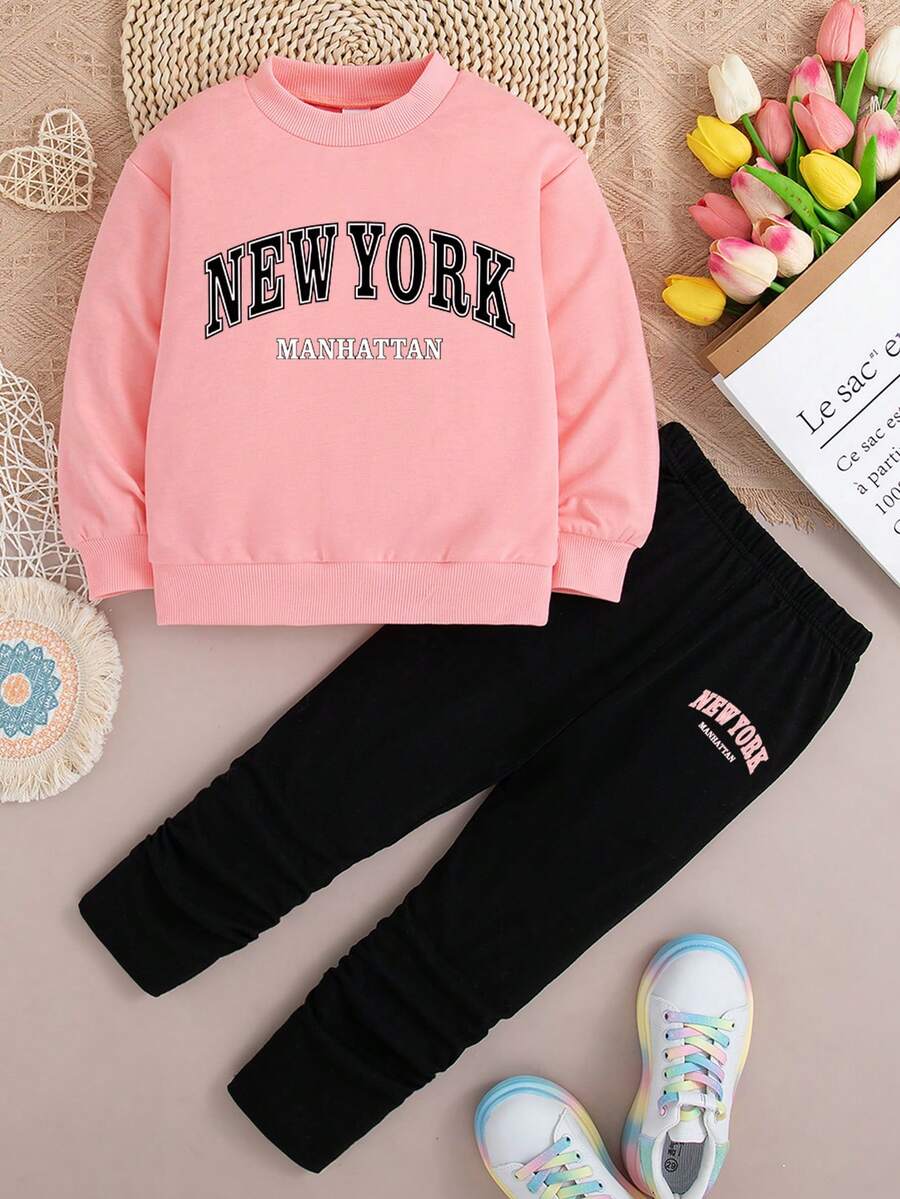 Tween Girl Letter Print Crew Neck Sweatshirt And Leggings Casual Set - Pink - View 1