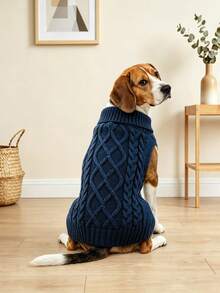 1pc High Elasticity Dog Sweater, Soft Knitted High Neck Pet Winter Clothing, Classic Cable Knit Puppy Pullover, Suitable For Small, Medium And Large Dogs - Navy Blue - View 11