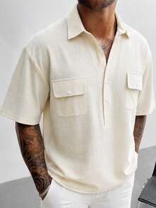 GloMan Men's 100% Cotton White Henley Half Button Placket Short Sleeve Shirt,Summer/Fall For Daily,Street,Office Commute,Back To School,Husband/Father - Apricot - View 2