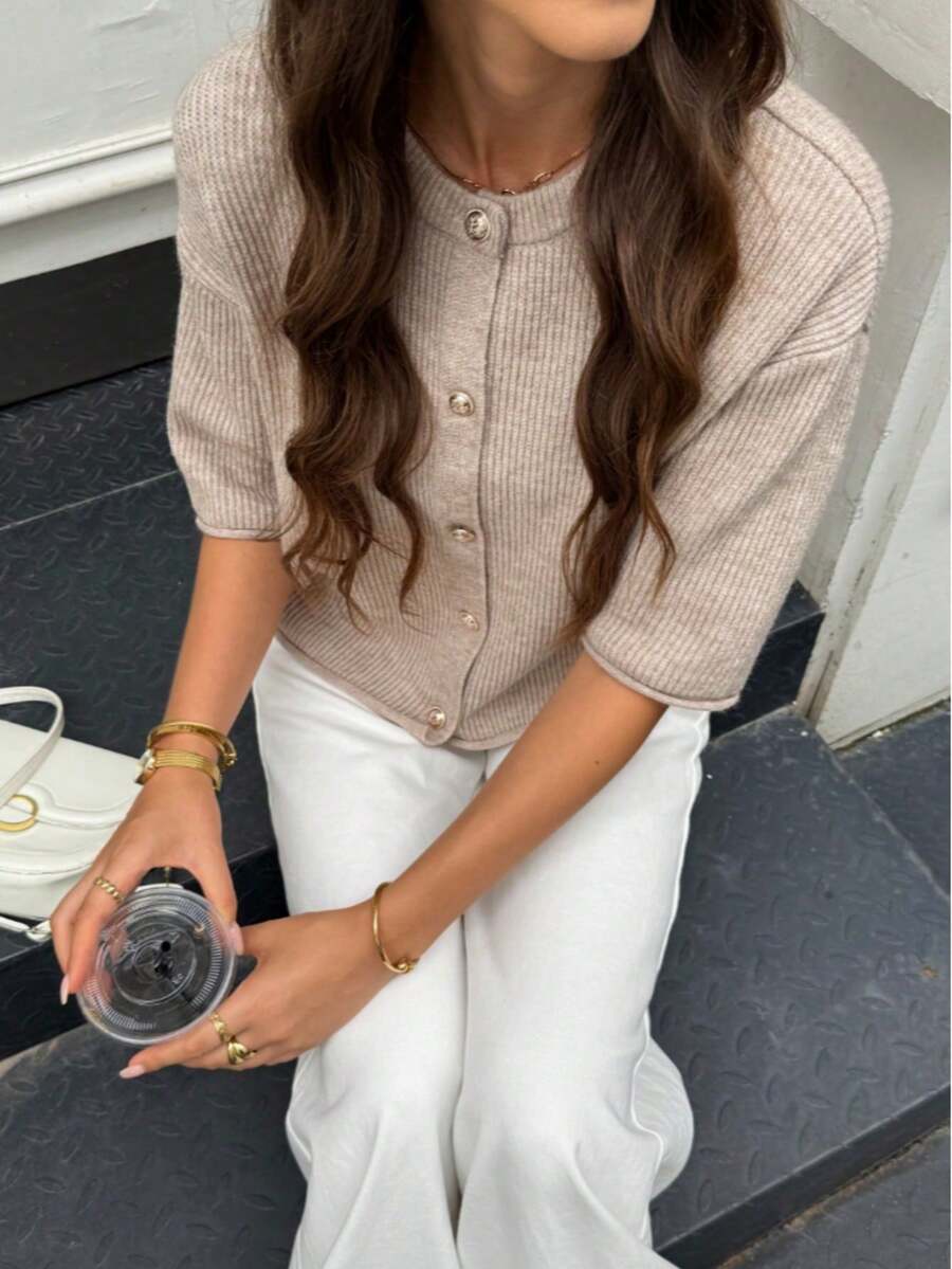 Spring/Summer Women's Simple Elegant College Style Single-Breasted Knit Cardigan Fall