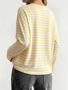 Women Fall Yellow White Stripe Long Sleeve Tee,Crew Neck Loose Casual Top For Back To School Daily Going Out - Yellow - View 3