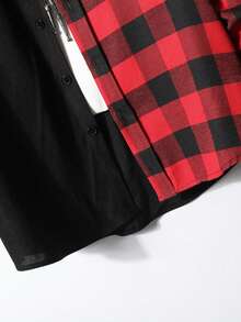 Women's Red And Black Plaid Patchwork Button Front Shirt With Chest Pocket, Long Sleeve Collared Casual Top - Black - View 9