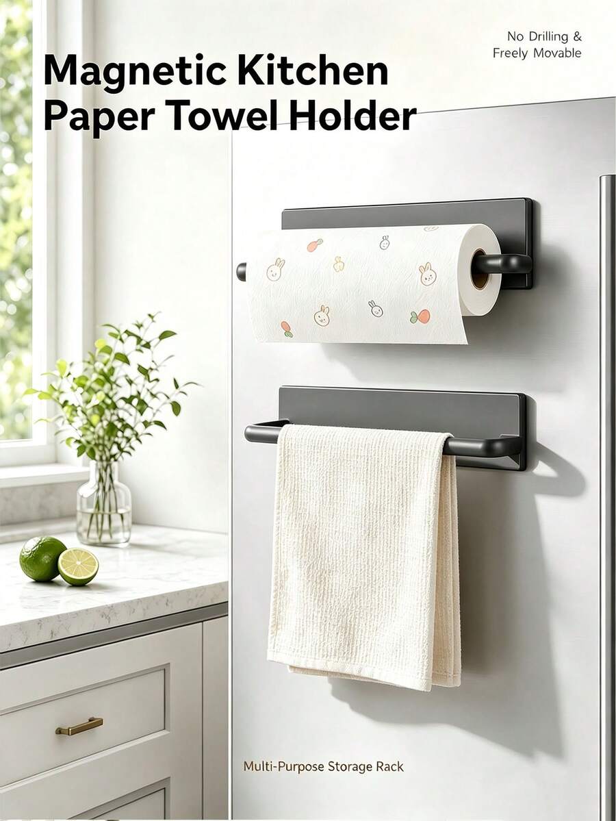 1/2PCS Magnetic Paper Towel Holder, Carbon Steel Material, Available In Cream White And Gun Gray, No-Drill Installation, Easy To Install, Stable And Durable, No Wall Damage, Wall-Mounted Storage For Paper Towels, Plastic Wrap, Towels, Clothes Hangers, Suitable For Kitchen, Refrigerator, Bathroom, Balcony, Outdoor And More