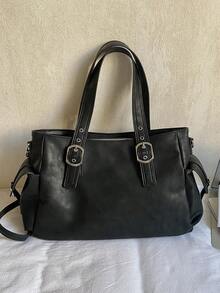 Fashionable Large Capacity Multi Pocket Solid Color Shoulder Bag, Simple Retro Punk Style Daily Underarm Bag, Suitable For Commuting, Daily Outings - Black - View 9