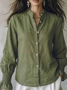 Women's Elegant Solid Color Long Sleeve Blouse, Stand Collar Button Pleated Flare Sleeve Top, Breathable Loose Fit Vacation & Commute Dual-Use Shirt - Green - View 7