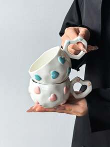 1pc 3D Embossed Heart Ceramic Tea Cup, Heart-Shaped Hollow Handle Asymmetrical Coffee Mug, 5 Colors Afternoon Tea Cup Gift - Single Cup - View 12