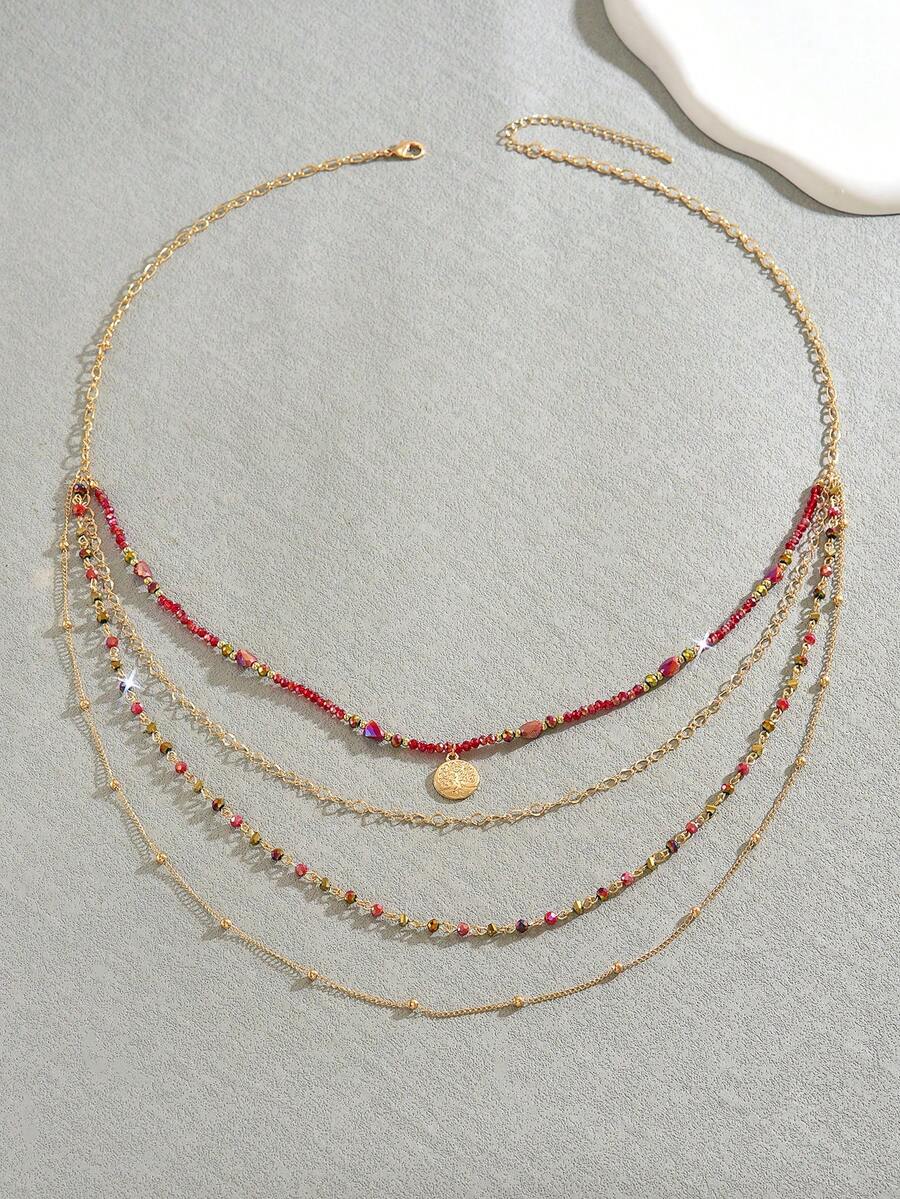 1pc Women's Creative Multi-Layer Rice Bead Necklace, Suitable For Daily And Vacation Wear