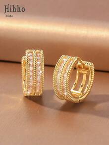 Hihho 2pcs/Set Beaded Double-Row Zirconia Inlaid Wide Gold-Tone Ear Cuffs, Vintage Luxury Full Rhinestone Exquisite Versatile Silver-Tone Hoop Earrings - Beaded Hoop Earrings - View 3