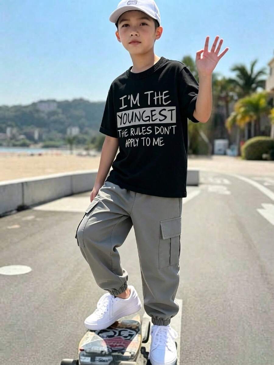 青少年男孩字母印花短袖T恤和工装裤套装 - 黑色 - 查看 1