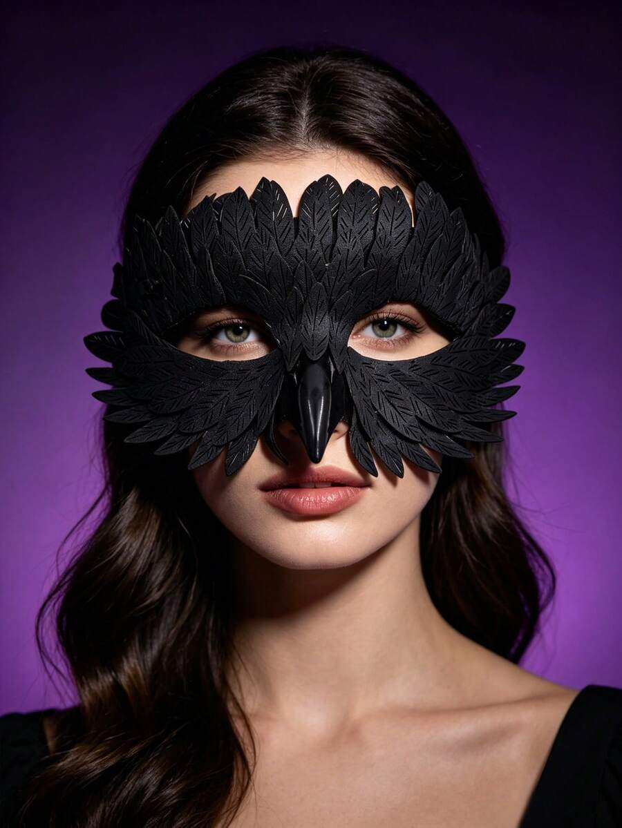 Vintage Dark Raven Half-Face Decorative Mask With Exquisite Layered Feather Design, Suitable For Masquerade, Carnival, Dark Night Theme Party, Bar Performance Styling, Niche High-End Fashion Accessory - Black - View 1