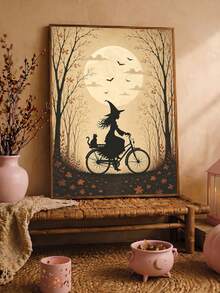 1pc Framed Canvas Wall Art Decor, Vintage Dark Academia Style Witch Riding Bicycle With Black Cat In Basket, Full Moon Autumn Silhouette Canvas Painting, Autumn Maple Tree Bat Dark Mood Halloween Oil Painting Print Poster, Quirky Pastoral Farmhouse Dark Aesthetic Decorative Wall Art, Suitable For Modern Home Decor, Room Decor, Halloween Decor, Halloween Poster, Witch Art, Gothic Poster, Halloween Home Decor, Halloween Gift - Witch - View 5