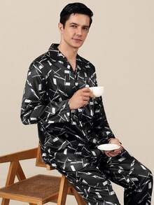 Men's Spring/Autumn Cardigan Faux Silk Pajama Set, High-End Long Sleeve Long Pants Comfortable Loungewear - Multicolor - View 1