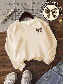 2pcs/Set Kaos Sweatshirt Leher Bulat untuk Remaja Perempuan dengan Bordir Motif Leopard dan Pita, Dipadukan dengan Legging Motif Leopard Kasual Sederhana, Pakaian Musim Gugur/Dingin Terbaru - Berwarna merah muda - View 5