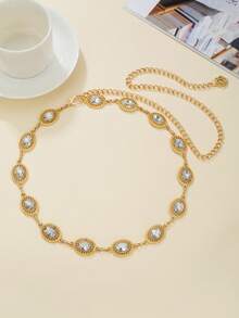 1pc Exquisite Oval Alloy Rhinestone Adjustable Waist Chain Belt For Women, Suitable For Family And Friends Gift, Daily Matching With Jeans, Skirts And Jackets - Oval Waist Chain - View 3