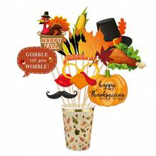 21 piezas de accesorios fotográficos para Acción de Gracias, decoraciones de palo selfie para fiesta de otoño, recortes fotográficos de pavo, calabaza, sombrero de peregrino y barba, suministros para fiesta de cena familiar y festiva - Varios estilos - Ver 4
